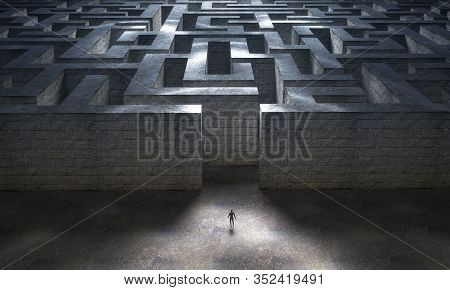 Small Man Entering A Huge Mysterious Maze. 3d Rendering