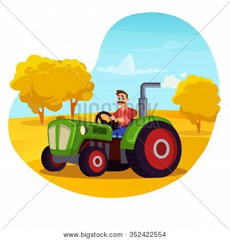 Autumn Farm Works. Strongly Built Man With Bushy Moustache And Blue Eyes, Driving Tractor Against Br