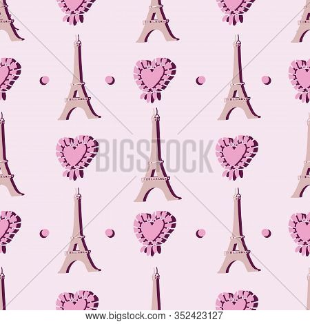 Paris Romance-love In Parise Seamless Repeat Pattern With Eiffel Tower, Modern Hearts And Dots In Pi