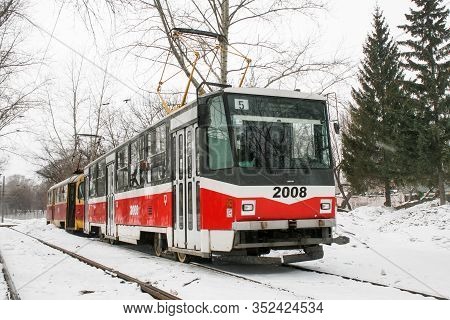Ufa, Russia - March 17, 2008: Red Tramway Inekon Tatra T6b5-mpr In The City Street.