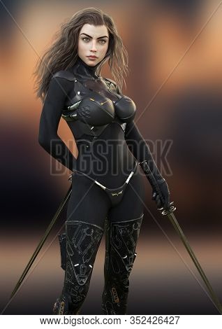 Futuristic Female Warrior Holding Duel Swords Posing Ready For Combat. 3d Rendering