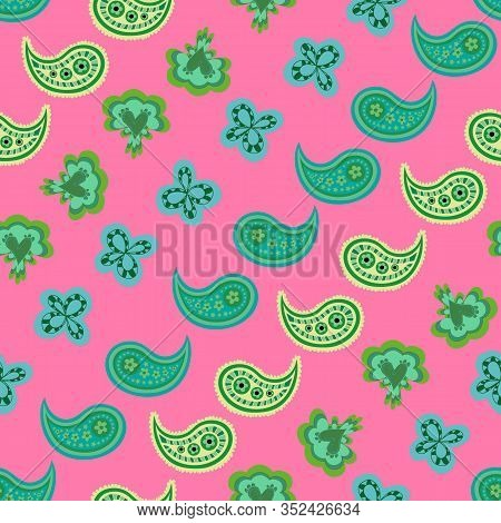 Lines Of Pink-paisley Dreams Seamless Repeat Pattern. Colorful Lines Pattern Of Paisely Shapes. Fres