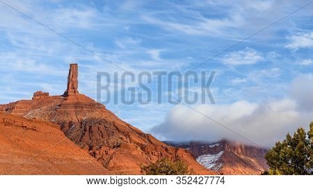 Castleton Tower, iconic rock formation in Castle Valley near Moab, Utah. The Tower is world-renowned as a subject for photography and for its classic rock climbing routes.