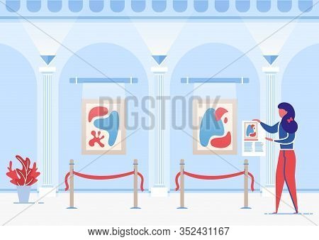 Woman Tourist With Brochure Visiting Art Gallery And Watching Modern Abstract Pistures Flat Cartoon 