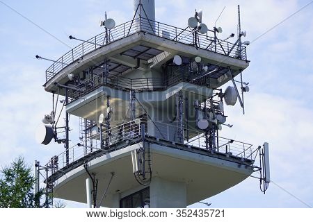 High Tv Tower Or Radio To Transmit Signals To Citizens. Modern Technology For Convenience.