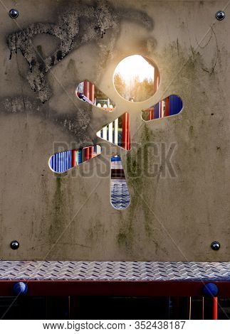 Metal Board With Cutout Shape Look Like Little Giel Jumping, Holes In Dirty Board With Pattern Shape