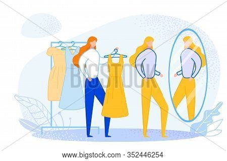 Young Women Characters Stand At Big Mirror Try On Fashioned Casual Clothes In Apparel Store. Shoppin