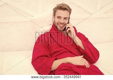 Mobile Call. Communication Mobile Phone. Good News Concept. Good Morning. Hipster Guy Pajamas Bathro