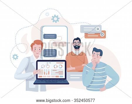 Three Smiling Young Specialists Showing Presentation Of Mobile App And Website Design Vector Flat Il