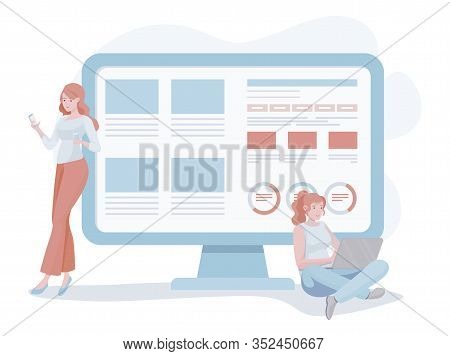 Young Red Haired Women Working On Website Or Mobile App Developing Vector Flat Illustration. It Spec