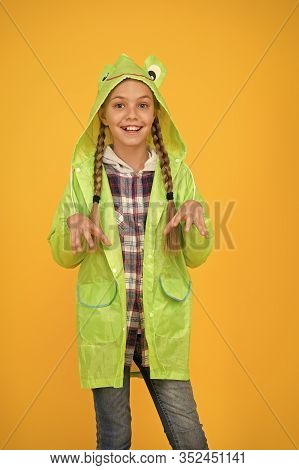 Schoolgirl Hooded Raincoat Enjoy Rainy Weather. Rainproof Accessory. Waterproof Clothes Every Kid Sh