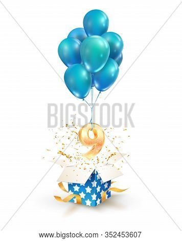 Open Textured Gift Box With Number 9 Th Flying On Balloons. Nine Years Celebrations. Greeting Of Nin