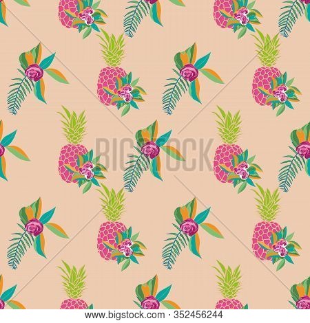 Pineappel Spring-fruit Delight Modern Pattern. Pineapple, Flowers And Leaves Seamless Repeat Pattern