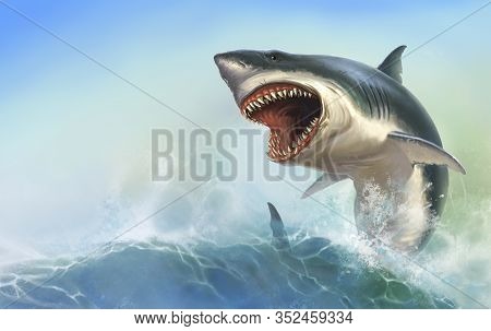 Great White Big Shark Body On Background Of The Waves Realistic Illustration.