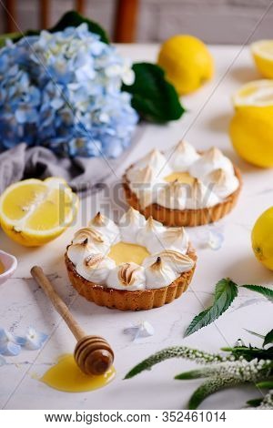 Vegan Lemon Meringue Tart. Style Vintage.selective Focus