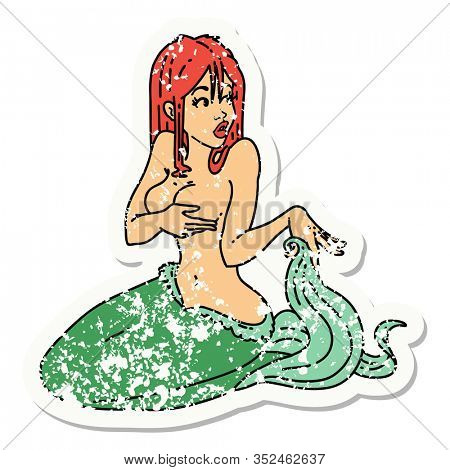 distressed sticker tattoo in traditional style of a mermaid