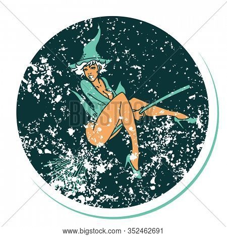 distressed sticker tattoo in traditional style of a pinup witch