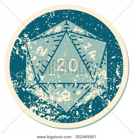 iconic distressed sticker tattoo style image of a d20 dice