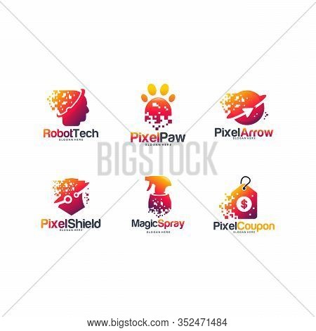 Set Of Pixel Tech Logo Designs Concept, Robotic Tech Logo, Pixel Paw, Pixel Arrow, Shield, Shield Te