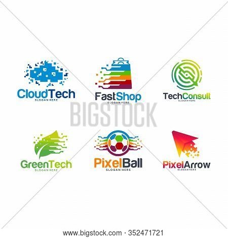Set Of Technology Pixel Logo Designs Template, Cloud Tech Logo, Fast Shop, Tech Discuss, Green Techn
