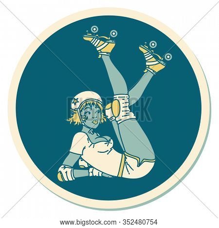 sticker of tattoo in traditional style of a pinup roller derby girl