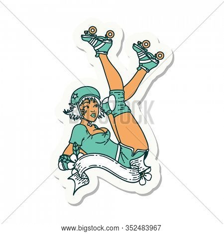 sticker of tattoo in traditional style of a pinup roller derby girl with banner