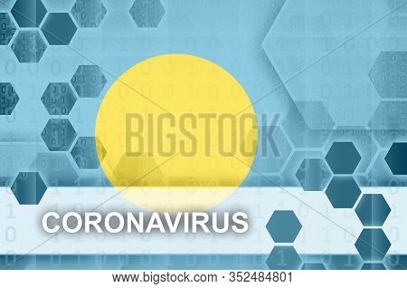 Palau Flag And Futuristic Digital Abstract Composition With Coronavirus Inscription. Covid-19 Outbre
