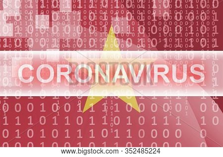 Vietnam Flag And Futuristic Digital Abstract Composition With Coronavirus Inscription. Covid-19 Outb
