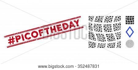 Corroded Red Stamp Seal With Hashtag Picoftheday Caption Inside Double Parallel Lines, And Collage M