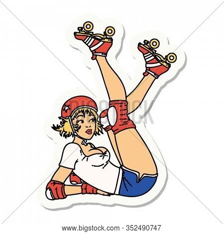 sticker of tattoo in traditional style of a pinup roller derby girl