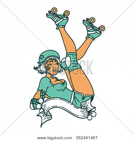 tattoo in traditional style of a pinup roller derby girl with banner