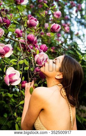 Magnolia With Beautifull Woman. Beauty Spring Girll With Flovers. Tenderness Girl