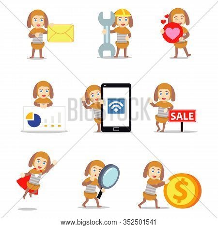 Set Character Of Adorable Male Dachshund Slinky Toy With Long Ears.