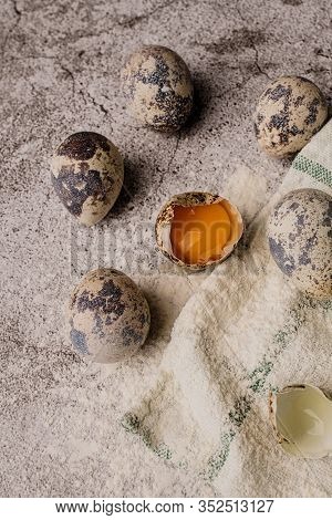 Ingredients For The Dough: Quail Eggs, Wholegrain Flour, Salt, Yeast, Water. Broken Eggs On The Tabl