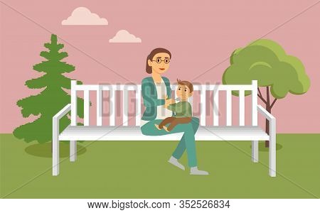 Pregnant Female Character Taking Care Of Son. Woman Holding Spoon Giving Food To Angry Child. Lady S