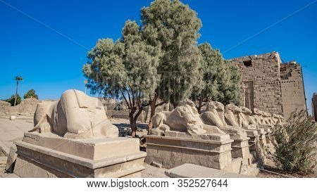 Karnak Temple In Luxor, Egypt. The Karnak Temple Complex, Commonly Known As Karnak, Comprises A Vast
