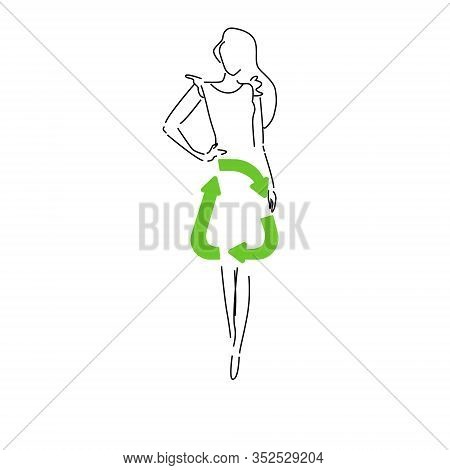Sustainable Fashion. Silhouet Woman In Outline In Dress With Sign For Recycling. Concept For Sustain