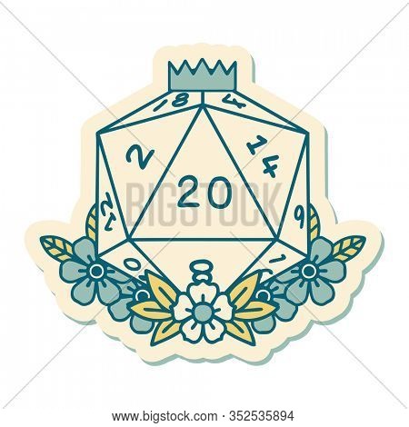 sticker of tattoo in traditional style of a d20