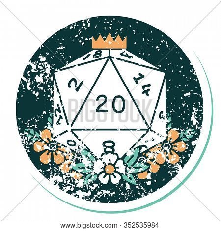 iconic distressed sticker tattoo style image of a d20