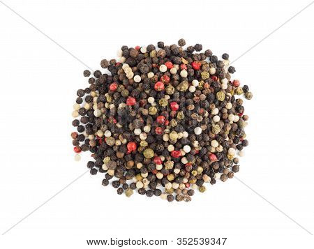 A Round Bunch Color Pepper Seeds Isolated On White Background. Indian Cuisine, Ayurveda, Naturopathy