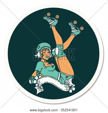 sticker of tattoo in traditional style of a pinup roller derby girl with banner