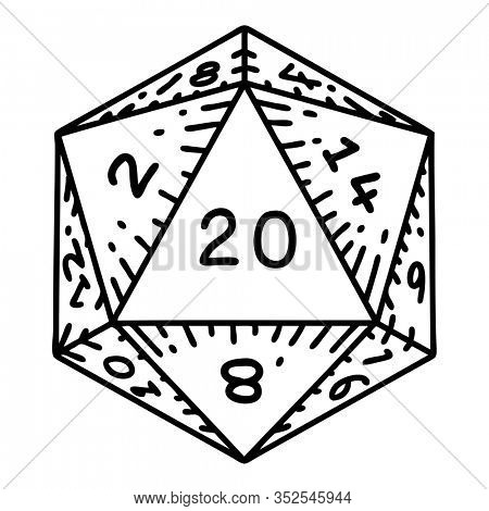 tattoo in black line style of a d20 dice