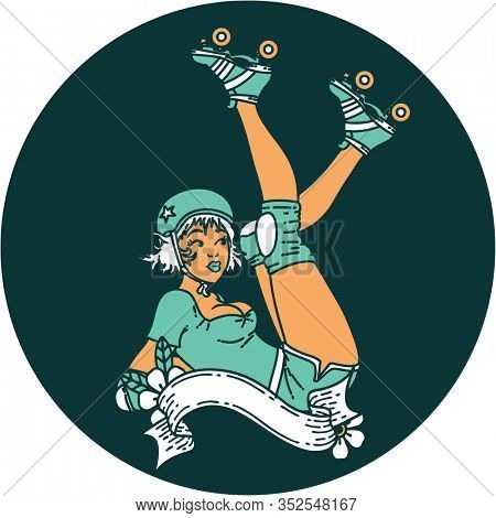 tattoo in traditional style of a pinup roller derby girl with banner