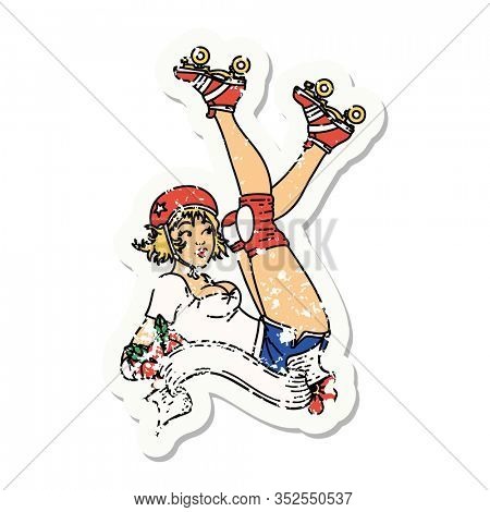 distressed sticker tattoo in traditional style of a pinup roller derby girl with banner