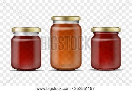 Realistic 3d Detailed Glass Jar Set For Jam, Fruit Confiture And Honey On A Transparent Background. 