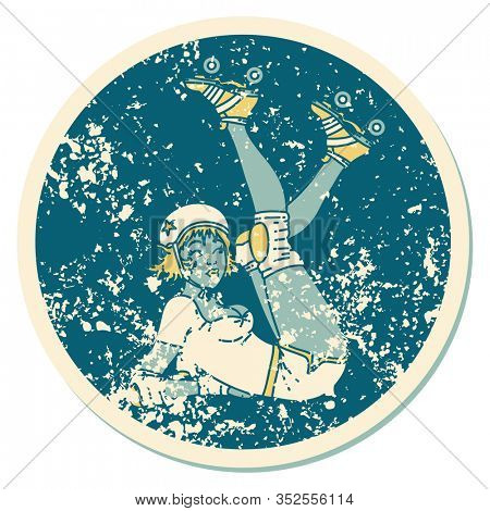 distressed sticker tattoo in traditional style of a pinup roller derby girl