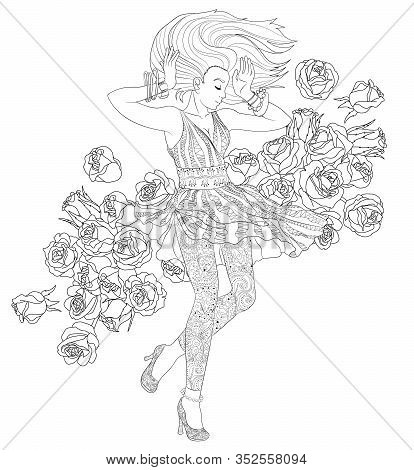 Beautifull Dancing Girl In A Patterned Dress For Coloring Book For Adults Drawn In Zentangle Style