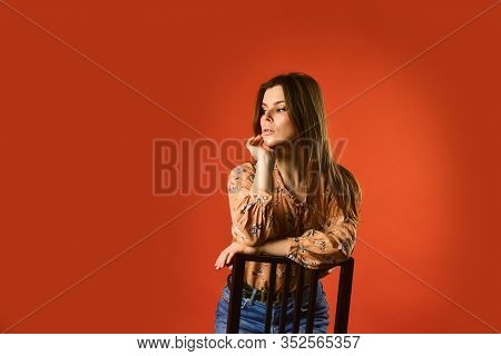 Confident In Her Style. Lost In Her Thought. Feeling Loneliness. Lonely Woman Sit On Chair. Phycolog