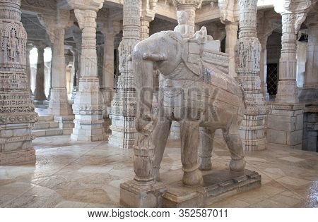 Ranakpur, India - January 8, 2019: Sculpture Of Elephant In Adinath Jain Temple In Rajasthan State