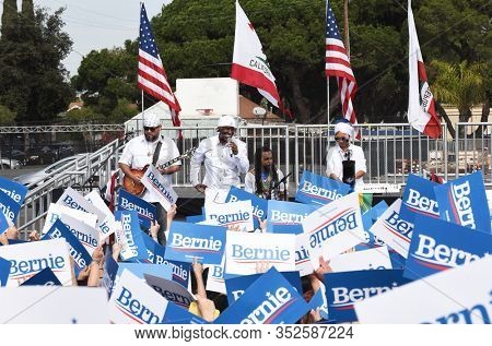 SANTA ANA, CALIFORNIA - 21 FEB 2020: Reggae singer Pato Banton and band perform at a Bernie Sanders Rally at Santa Ana Valley High School.